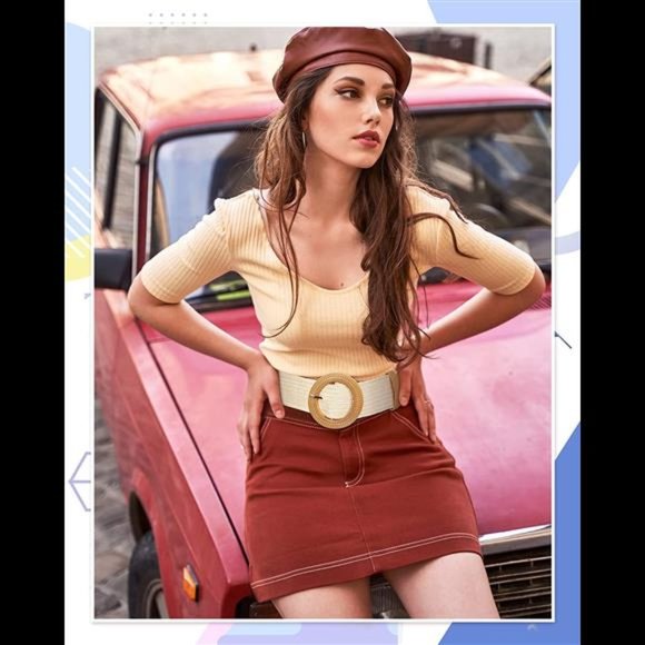 4 Pack Straw Woven Elastic Stretch Waist Belt Women Skinny Dress Belt Wooden Buc main image 4